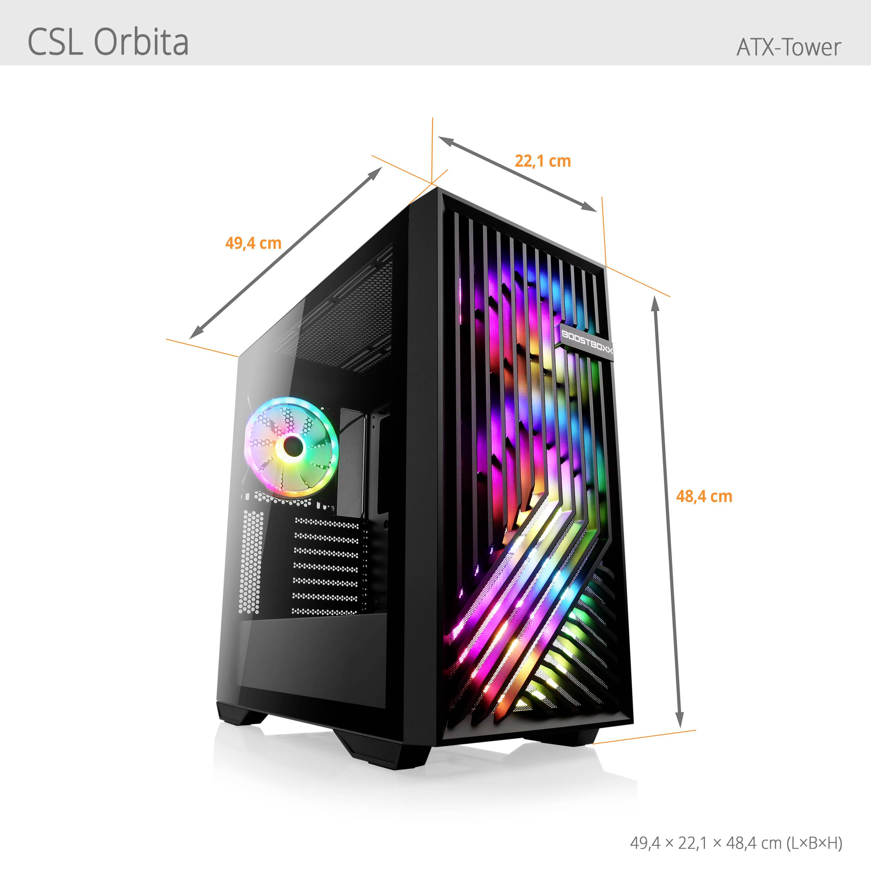 Skříň ATX-Tower CSL Orbita s barevným předním LED osvětlením, disponuje rozměry: 49,4 cm výška, 22,1 cm šířka, 48,4 cm hloubka.