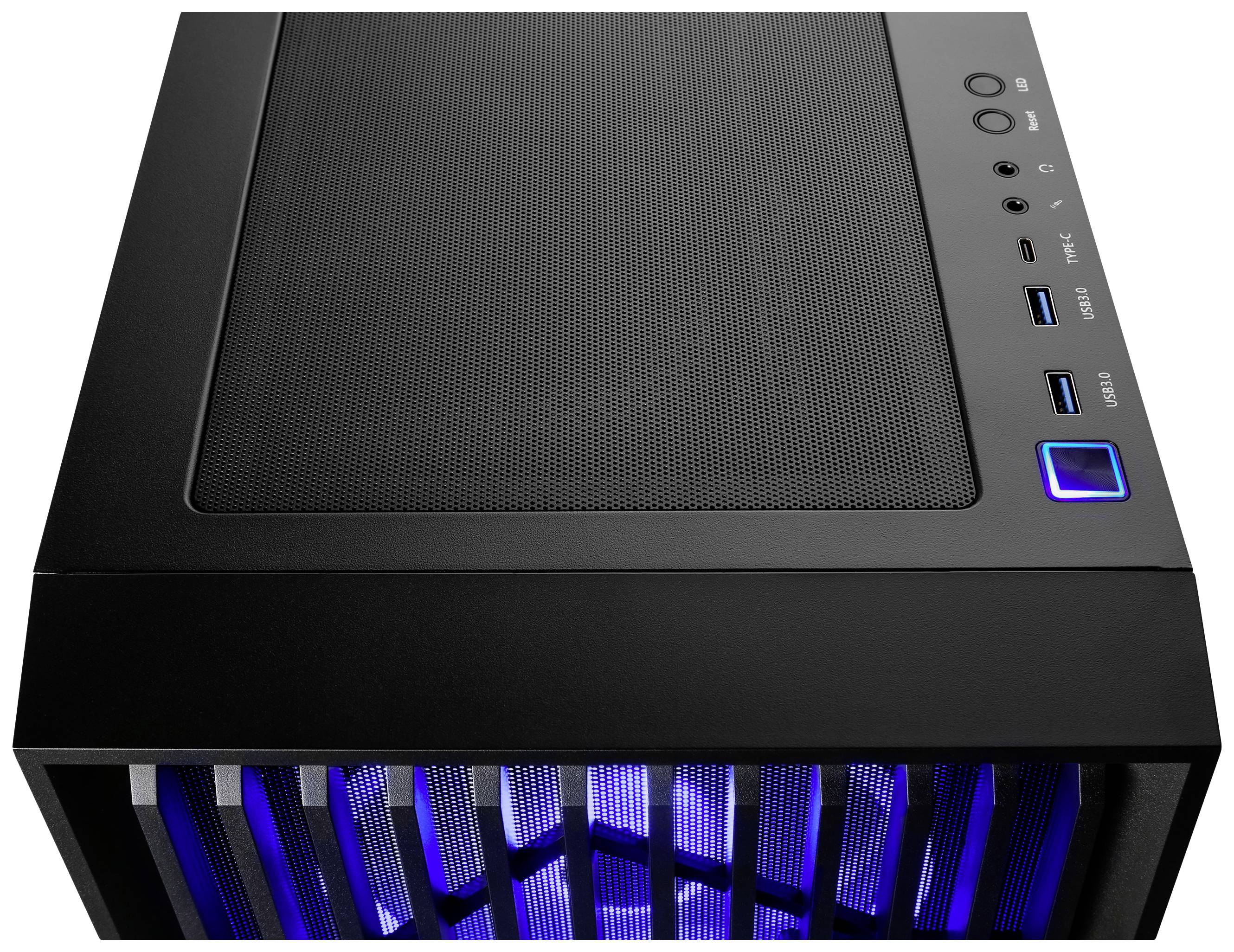 Černá počítačová skříň s modrými svítícími LED diodami na předním panelu, dva USB porty, audiové konektory a napájecí tlačítko nahoře.