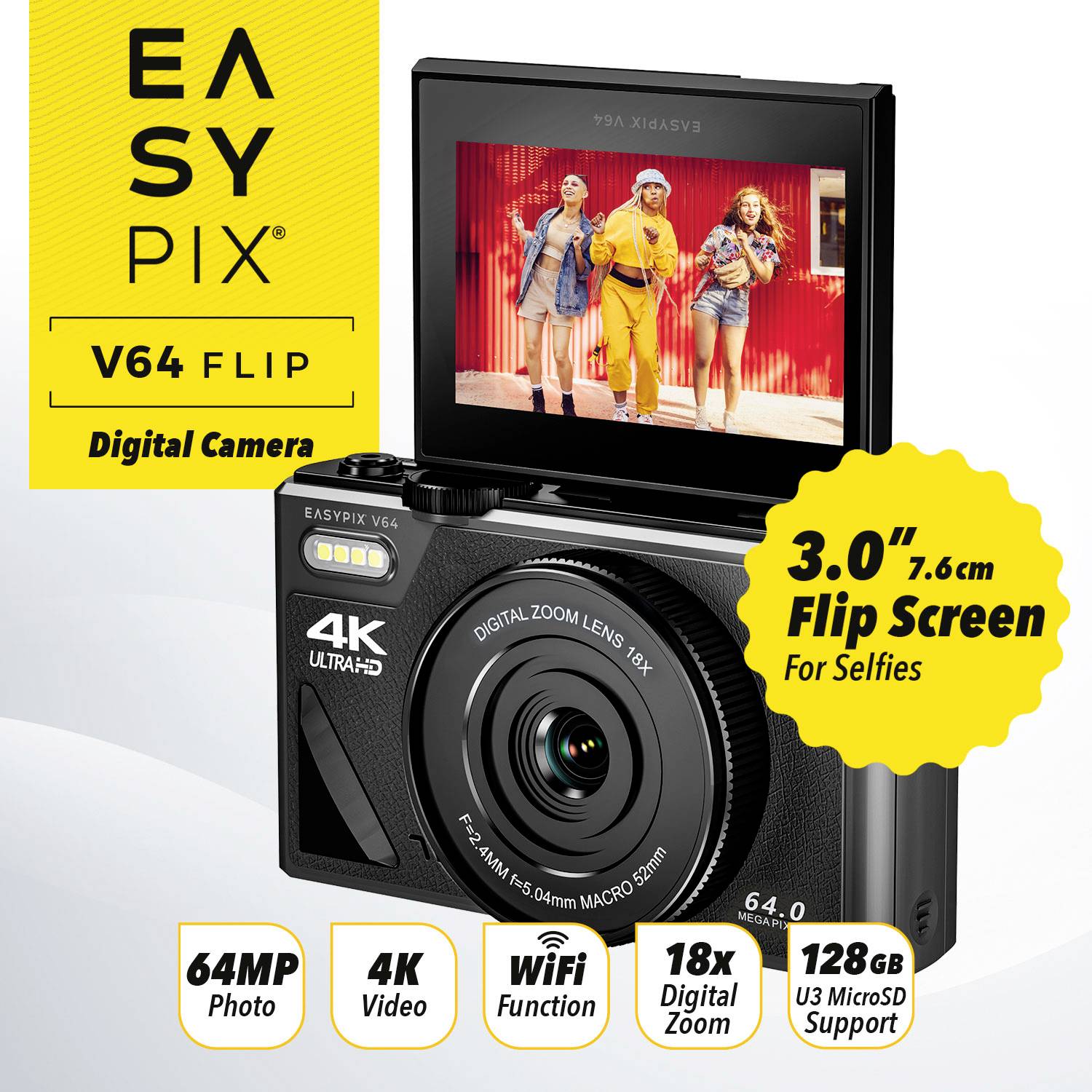 Digitální fotoaparát s 64 MP, 18násobným zoomem, 4K videem, WiFi a 3palcovým výklopným displejem. Hlavní snímek zobrazuje tři osoby v nápadném oblečení.