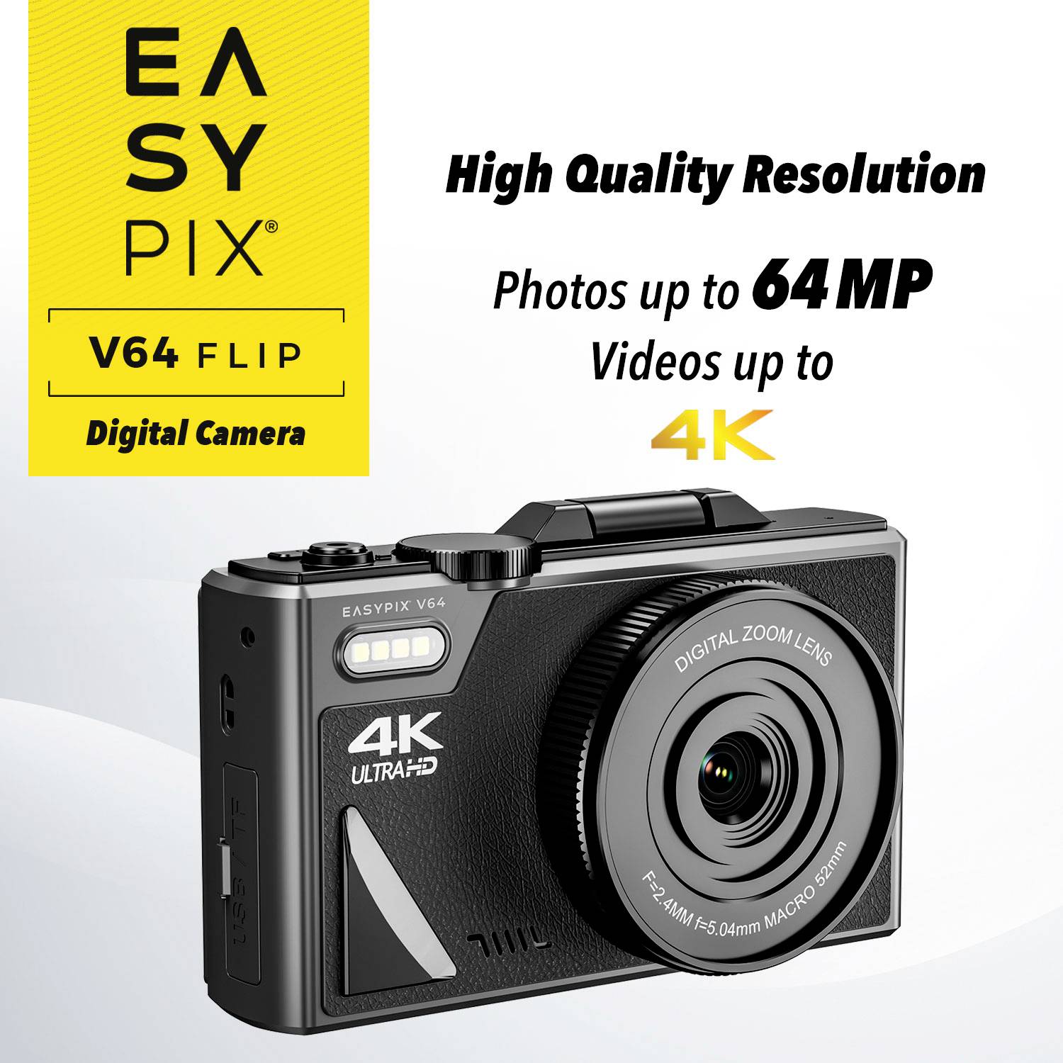 Digitální fotoaparát 'Easypix V64 Flip' s rozlišením 64 MP, 4K videonahrávkou a digitálním zoomovým objektivem, grafická reklama.