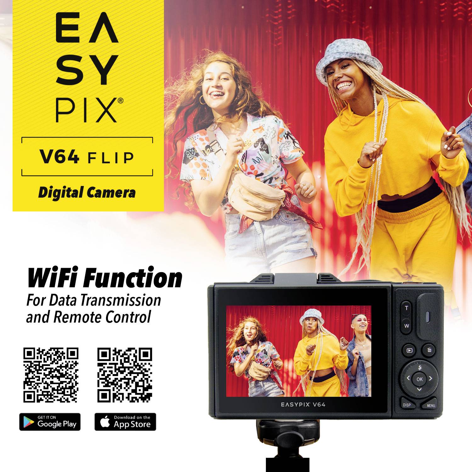 Dvě smějící se osoby, které si fotí selfie digitálním fotoaparátem. Na displeji je zobrazeno selfie. Text: 'WiFi funkce pro dálkové ovládání'.