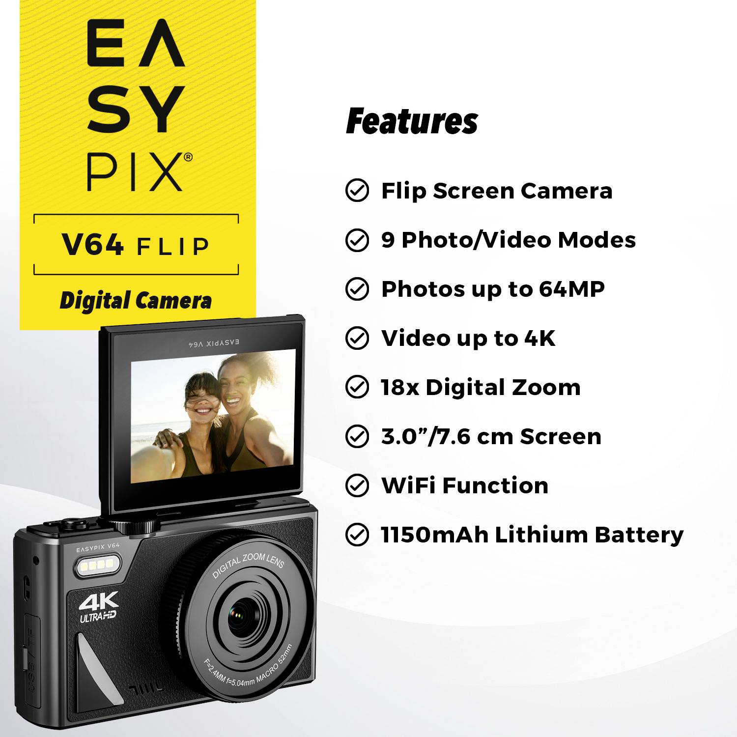 Digitální fotoaparát s výklopným displejem, 18násobný zoom, 64MP fotografie, 4K video, 3palcový displej, 9 módů, WiFi a lithiová baterie.