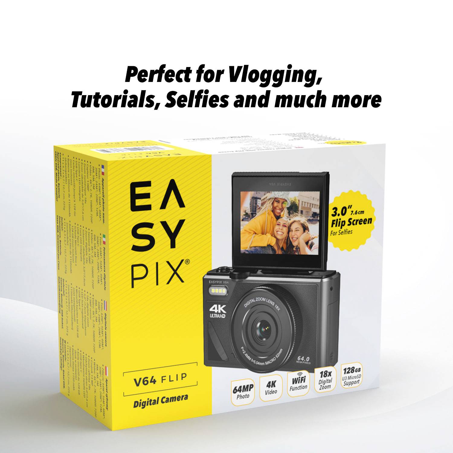 Digitální fotoaparát EASYPIX V64 FLIP s 64MP fotoaparátem, 4K videem, funkcí WiFi. Perfektní pro vlogování, návody, selfie.