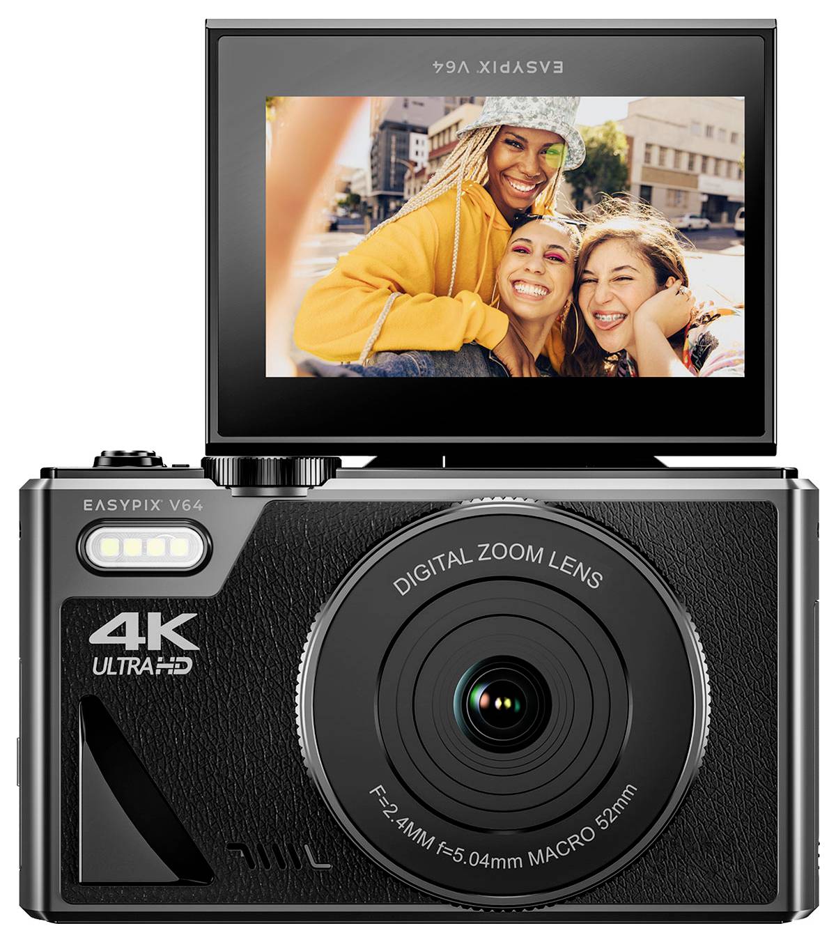 Digitální fotoaparát s vyklopeným displejem, který zobrazuje tři usmívající se osoby venku. Fotoaparát má funkci 4K Ultra HD.