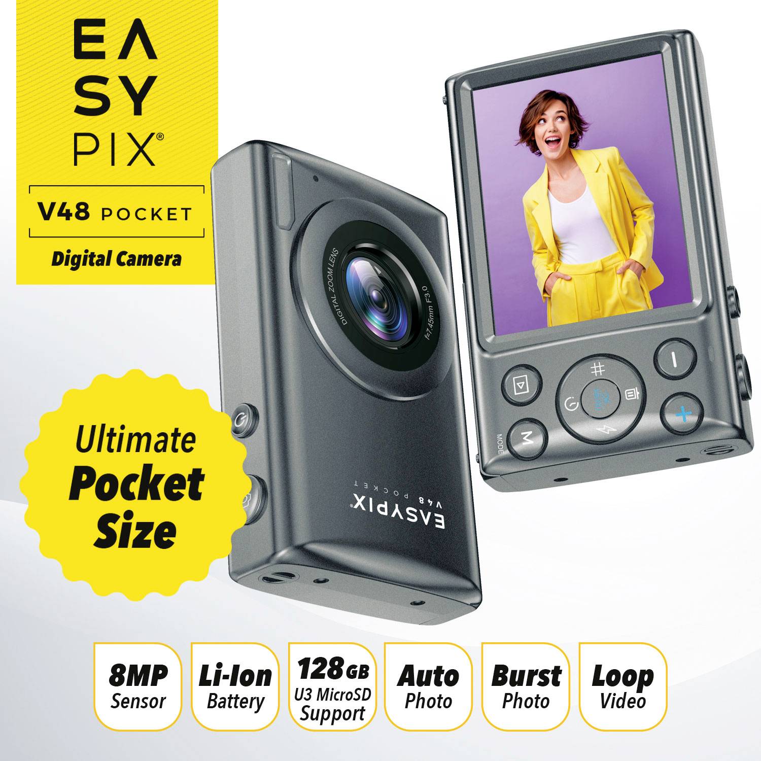 Kompaktní digitální fotoaparát 'Easypix V48 Pocket' s 8MP snímačem, lithium-iontovou baterií, podporou microSD karet až 128GB. Funkce: Automatický režim, sériové snímání, smyčkové video.