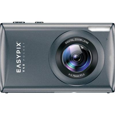 Digitální fotoaparát v kovovém designu s nápisem 'Easypix V48 Pocket'. Velká čočka s detaily jako 'Digitální zoom objektiv' a 'f=3,75mm F2,0'.