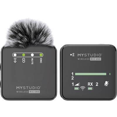 Dva bezdrátové mikrofony s LED indikátory a textem 'MYSTUDIO WIRELESS MIC UNO', jeden s šedým protivětrem.