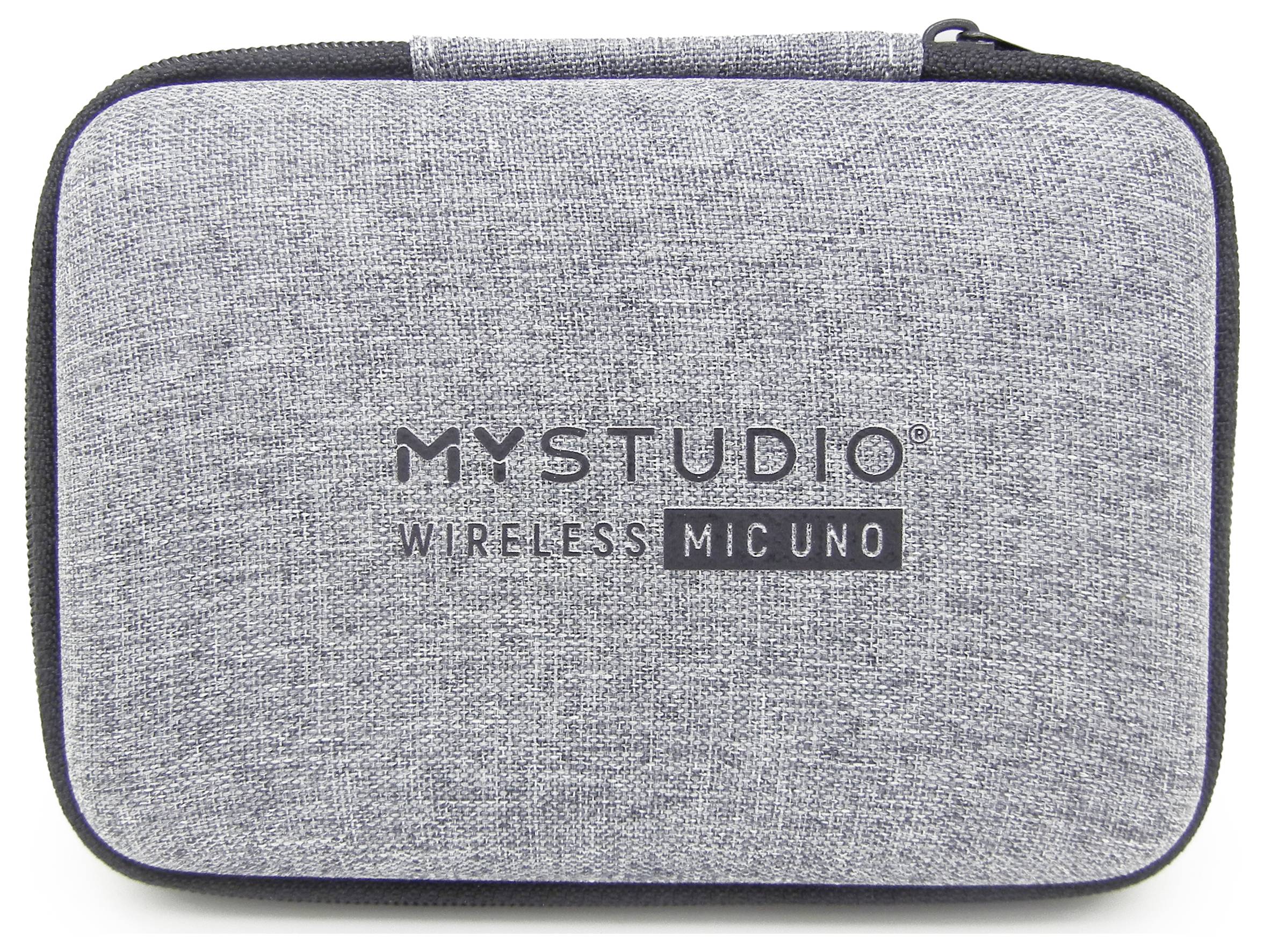 Šedý ochranný obal s potiskem 'MyStudio Wireless Mic Uno'.