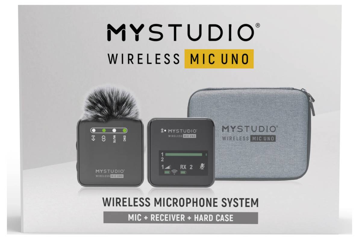 Bezdrátový mikrofonní systém 'MYStudio Wireless Mic Uno' skládající se z mikrofonu, přijímače a tvrdého přepravního pouzdra.