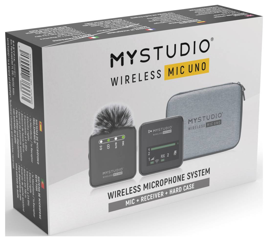 Bezdrátový mikrofonový systém 'MYSTUDIO MIC UNO', obsahuje mikrofon, přijímač a pevné přepravní pouzdro zobrazené na obalu.