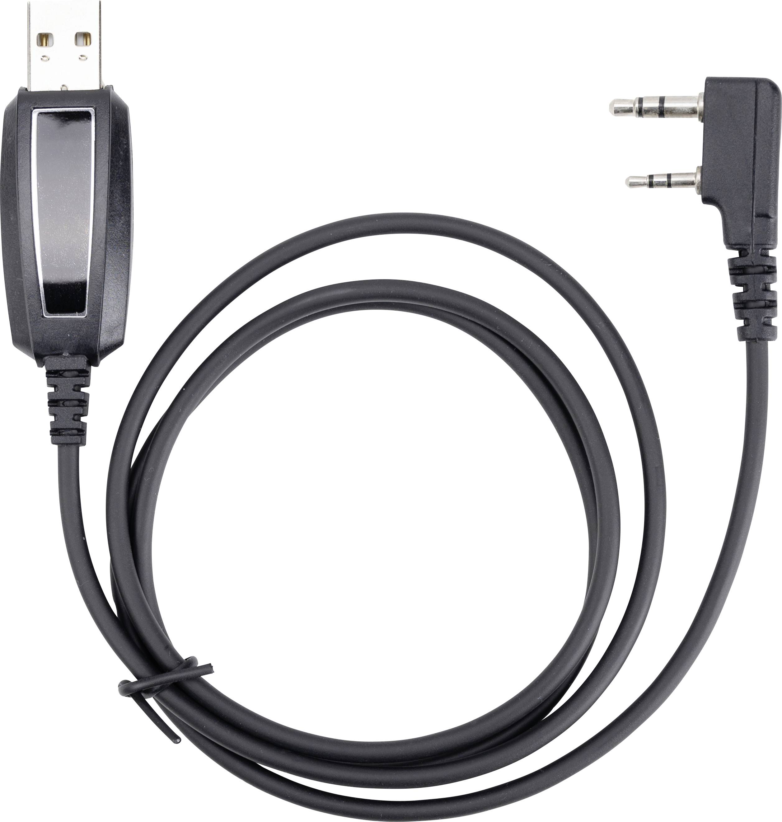 Černý kabel s USB konektorem na jedné straně a 3,5mm jack konektorem na straně druhé, na bílém pozadí.