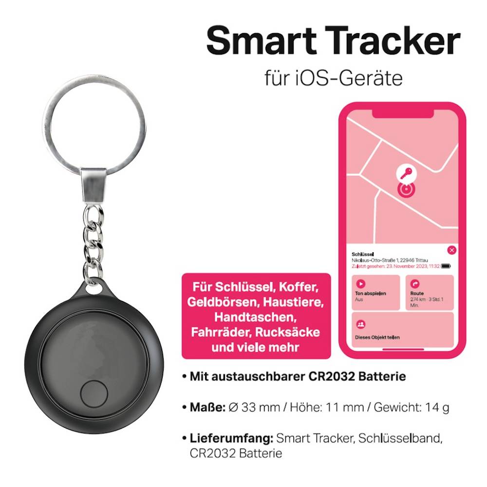 Chytrý tracker v černé barvě, kulatý s přívěškem na klíče, sleduje zařízení iOS. Obsahuje vyměnitelnou baterii CR2032, rozměry 33x11 mm.