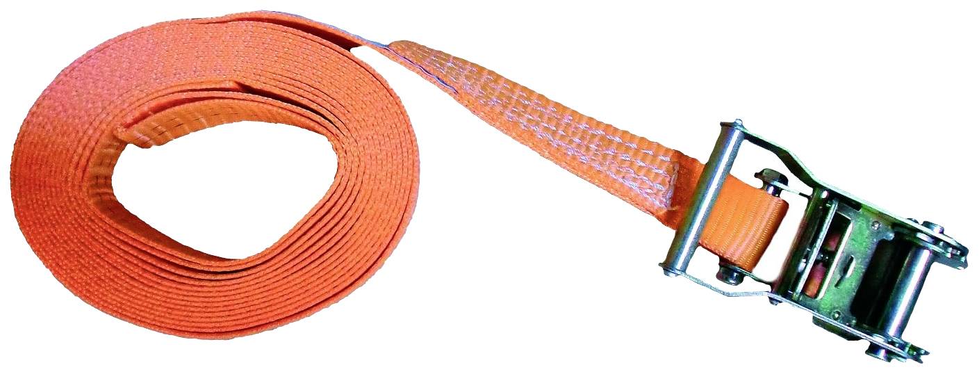 Oranžový upínací pás s ráčnou, používaný k zajištění nákladu. Robustní ráčna umožňuje pevné utažení.