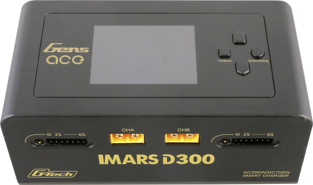 Černá nabíječka 'Gens Ace IMARS D300' s displejem a ovládacími tlačítky. Dva nabíjecí porty (CHA, CHB) pro baterie 2S-6S.