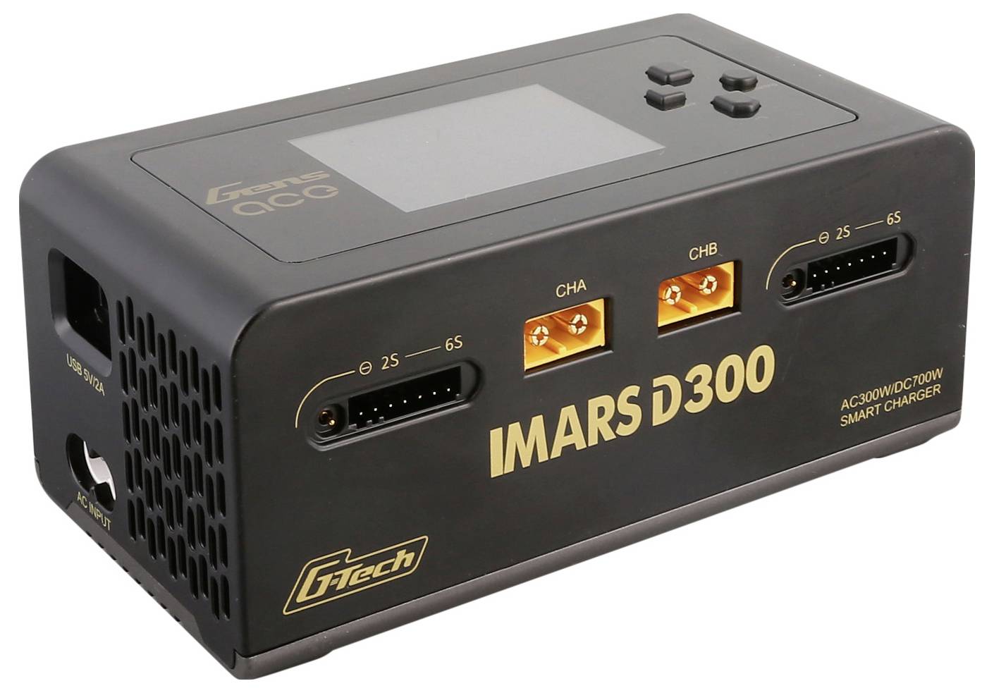 Černá nabíječka 'IMARS D300' se dvěma nabíjecími porty pro baterie 2S až 6S, s LCD displejem na horní straně, kompaktní design.