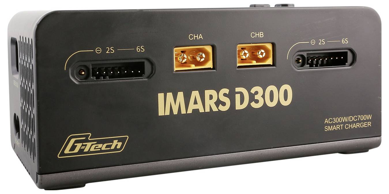 Černá nabíječka IMARS D300 se dvěma žlutými konektory (CHA a CHB) pro baterie, vhodná pro 2S až 6S. Značka: GTech.