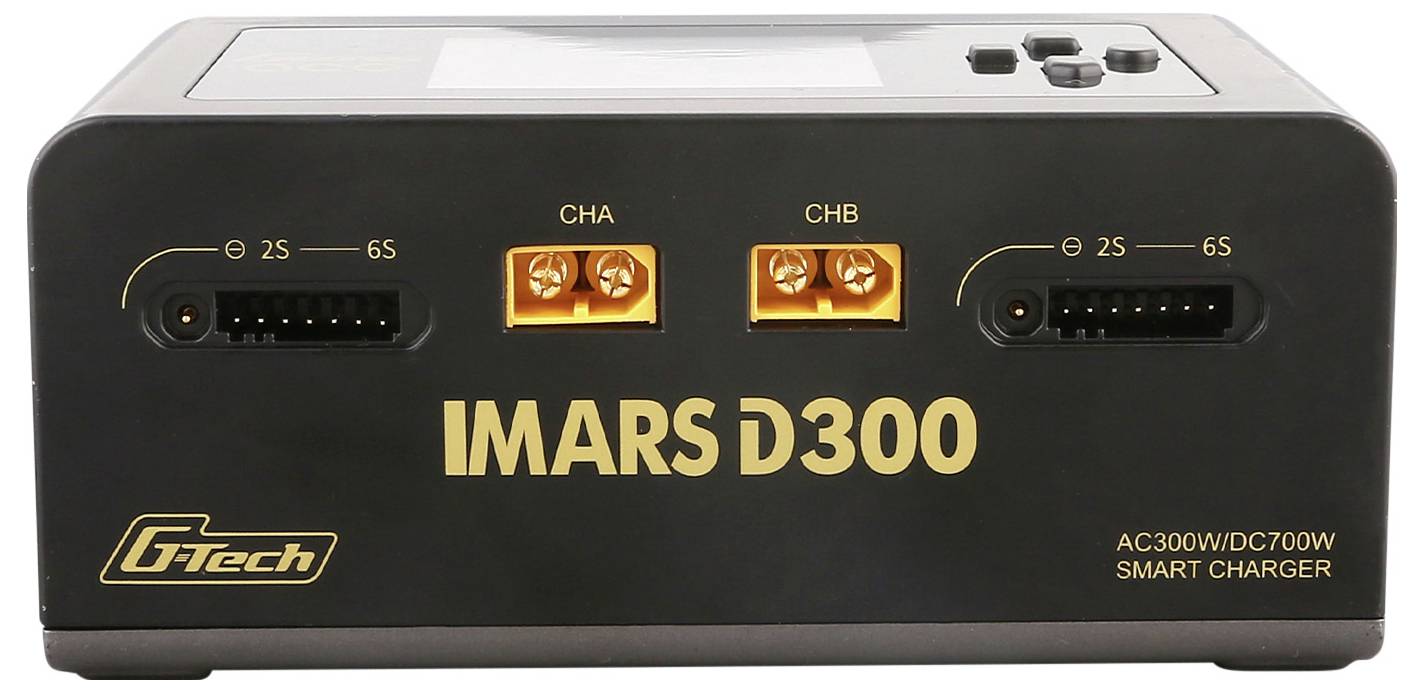 Černá nabíječka akumulátorů s nápisem 'IMARS D300'. Má konektory pro 2S a 6S baterie a dva nabíjecí výstupy (CHA, CHB).