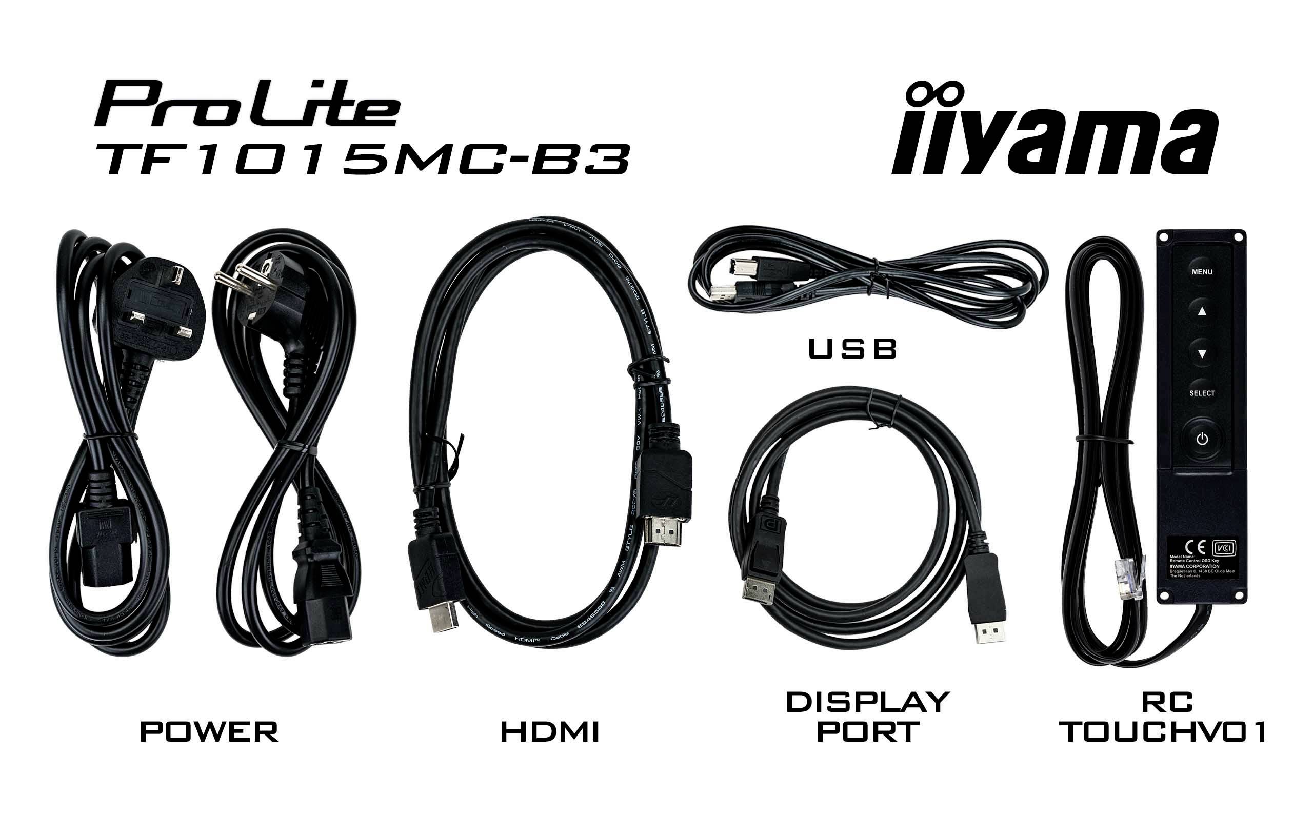 Příslušenství monitoru iiyama 'ProLite TF1015MC-B3': napájecí, HDMI, DisplayPort a USB kabely, jakož i ovladač RC TOUCHVO1.