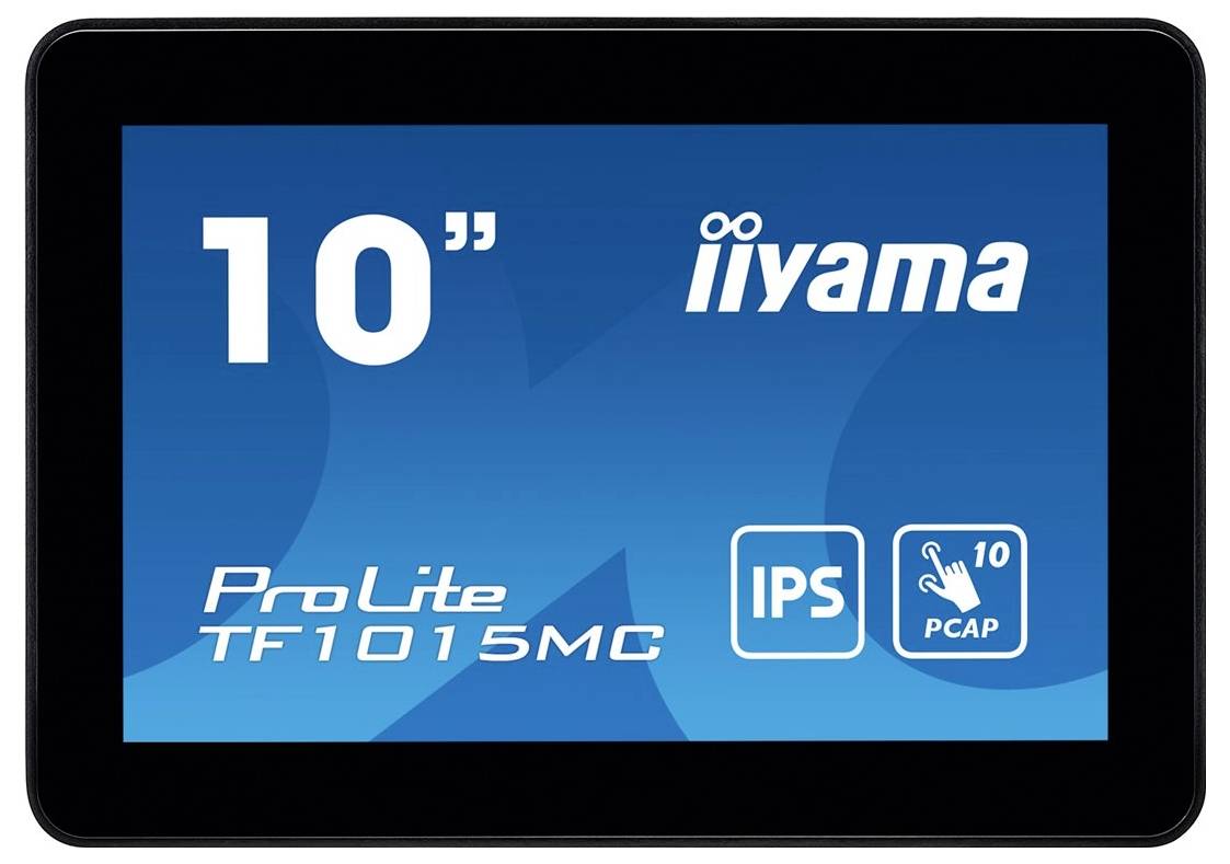 Displej tabletu zobrazuje nápis '10" iiyama ProLite TF1015MC' s symboly pro IPS a funkci PCAP dotykového ovládání.