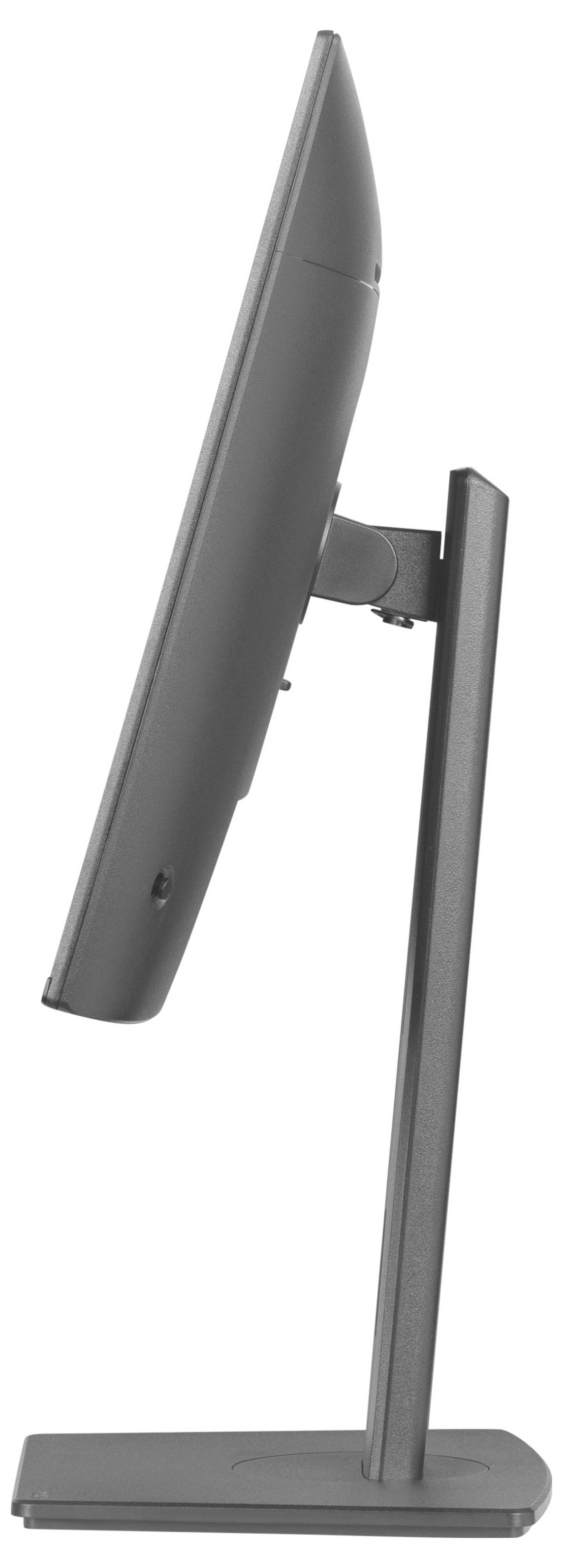 Monitor s elegantním designem z bočního pohledu. Obrazovka je pravoúhle umístěna na úzkém, stabilním podstavci.