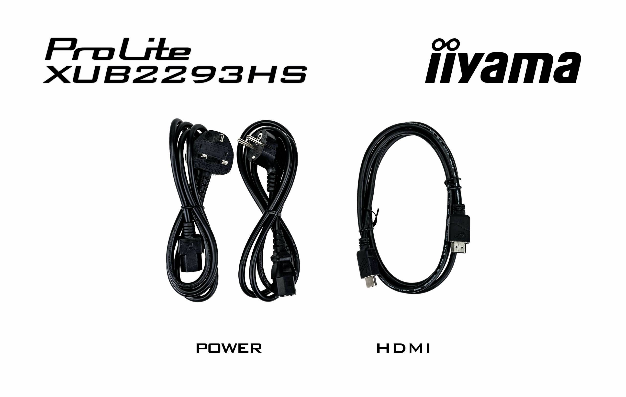 Logo 'ProLite XUB2293HS' a 'iiyama' nahoře. Dva kabely dole: levý kabel označený 'POWER' a pravý kabel označený 'HDMI'.