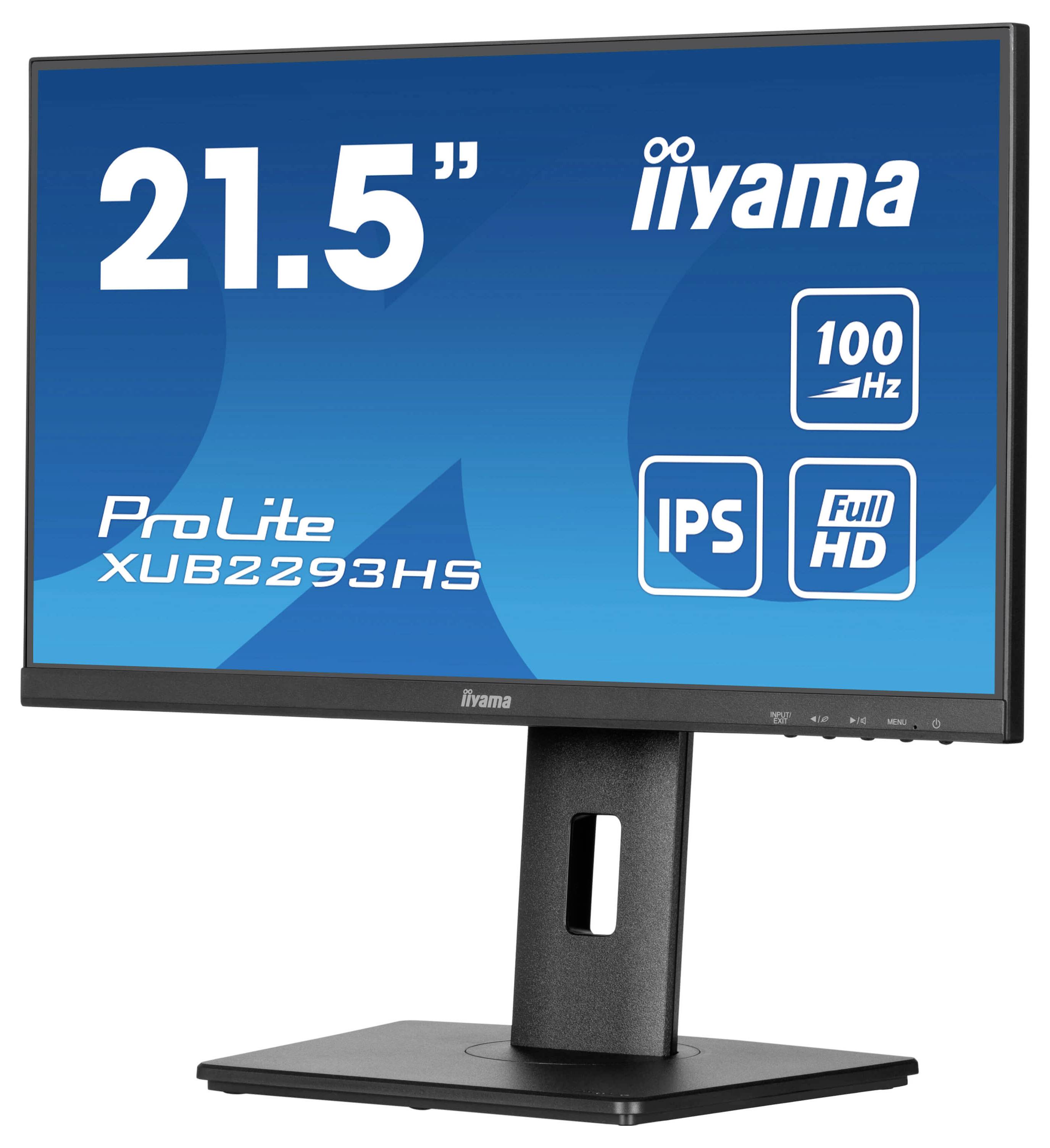 Monitor iiyama ProLite XUB2293HS s úhlopříčkou 21,5 palce, obnovovací frekvencí 100 Hz a rozlišením Full HD, s IPS panelem na nastavitelném stojanu.
