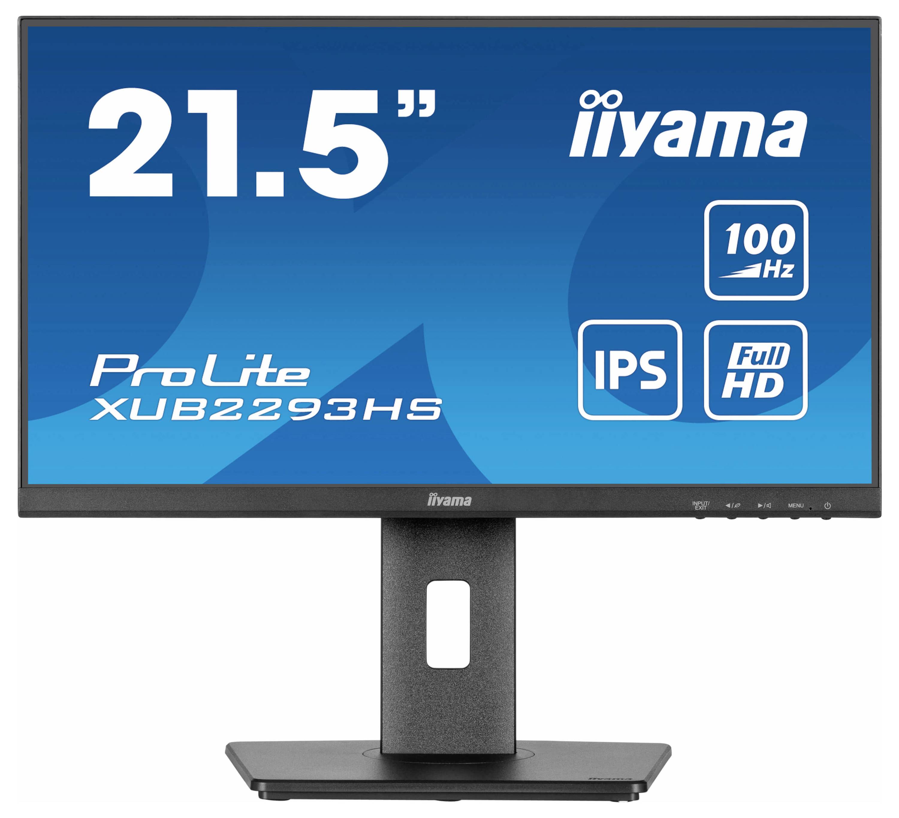 Počítačový monitor s nápisem '21.5" ProLite XUB2293HS'. Charakteristiky: 100 Hz, IPS, Full HD, značka: Iiyama.