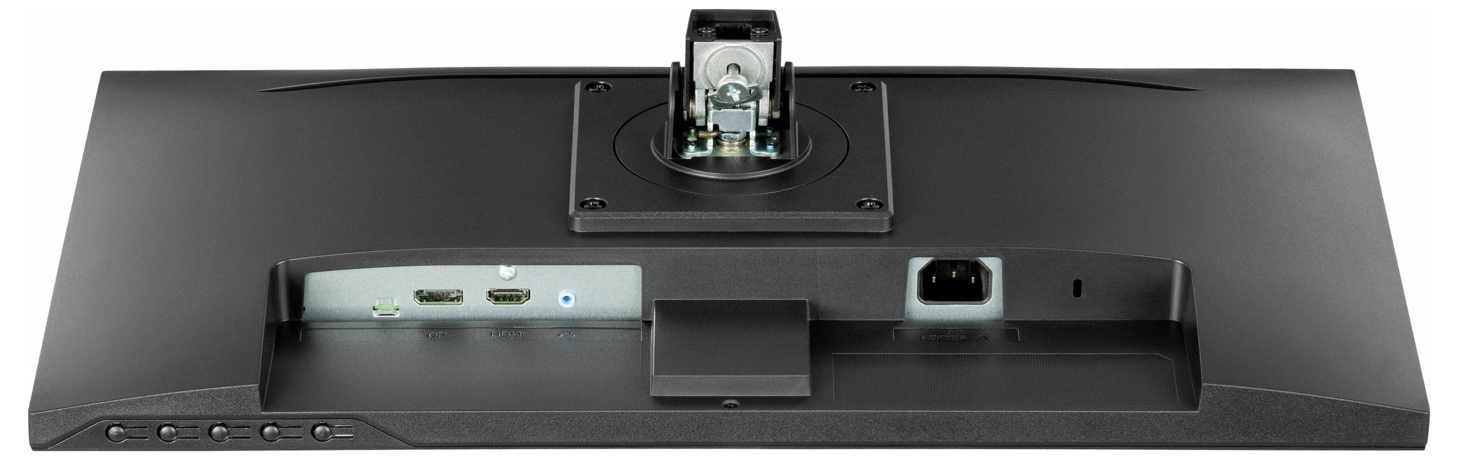 Zadní strana počítačového monitoru s přípojkami: dva HDMI porty, audiokonektor, síťový port a ovládací tlačítka na levé straně.