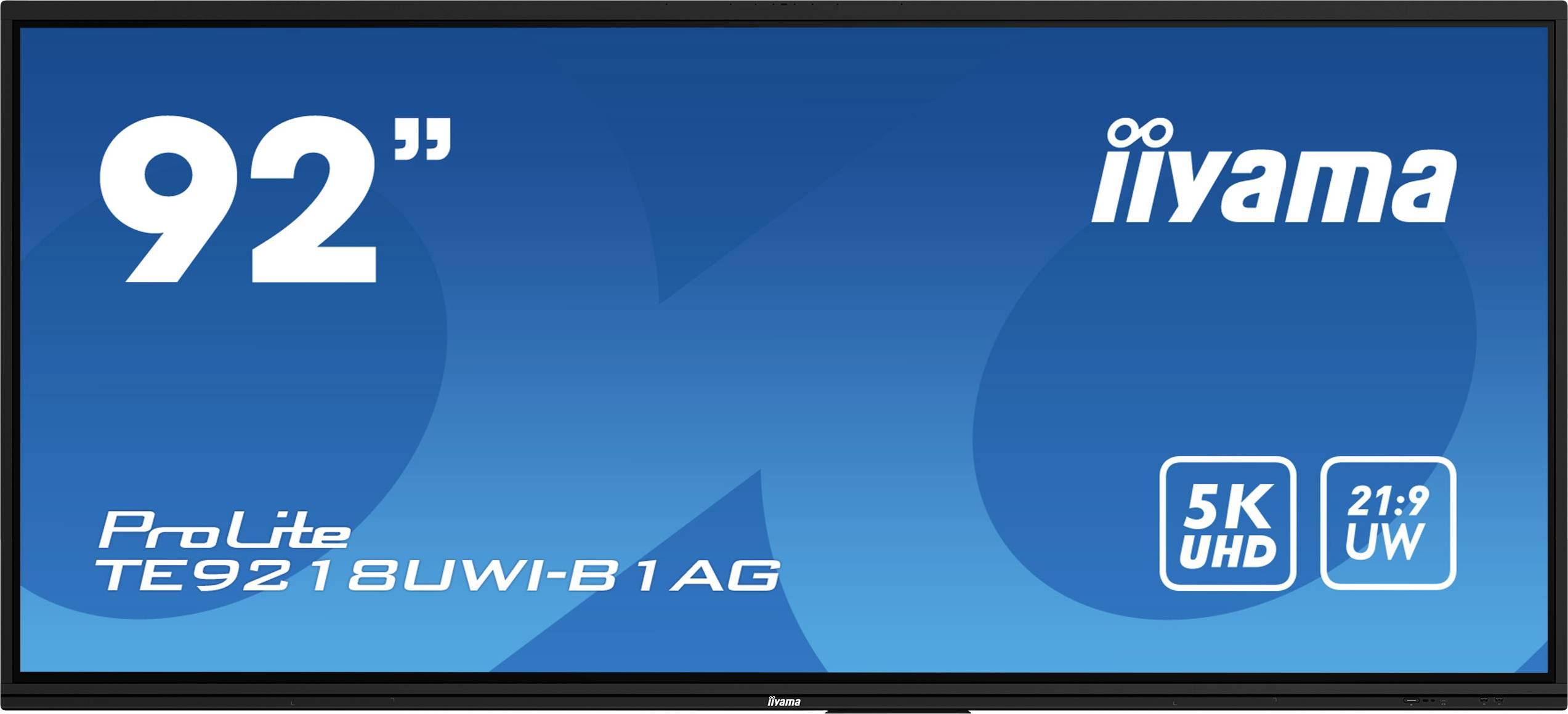 Obrazovka zobrazuje 'iiyama ProLite TE9218UWI-B1AG', 92palcový displej s rozlišením 5K UHD a poměrem stran 21:9 UW.