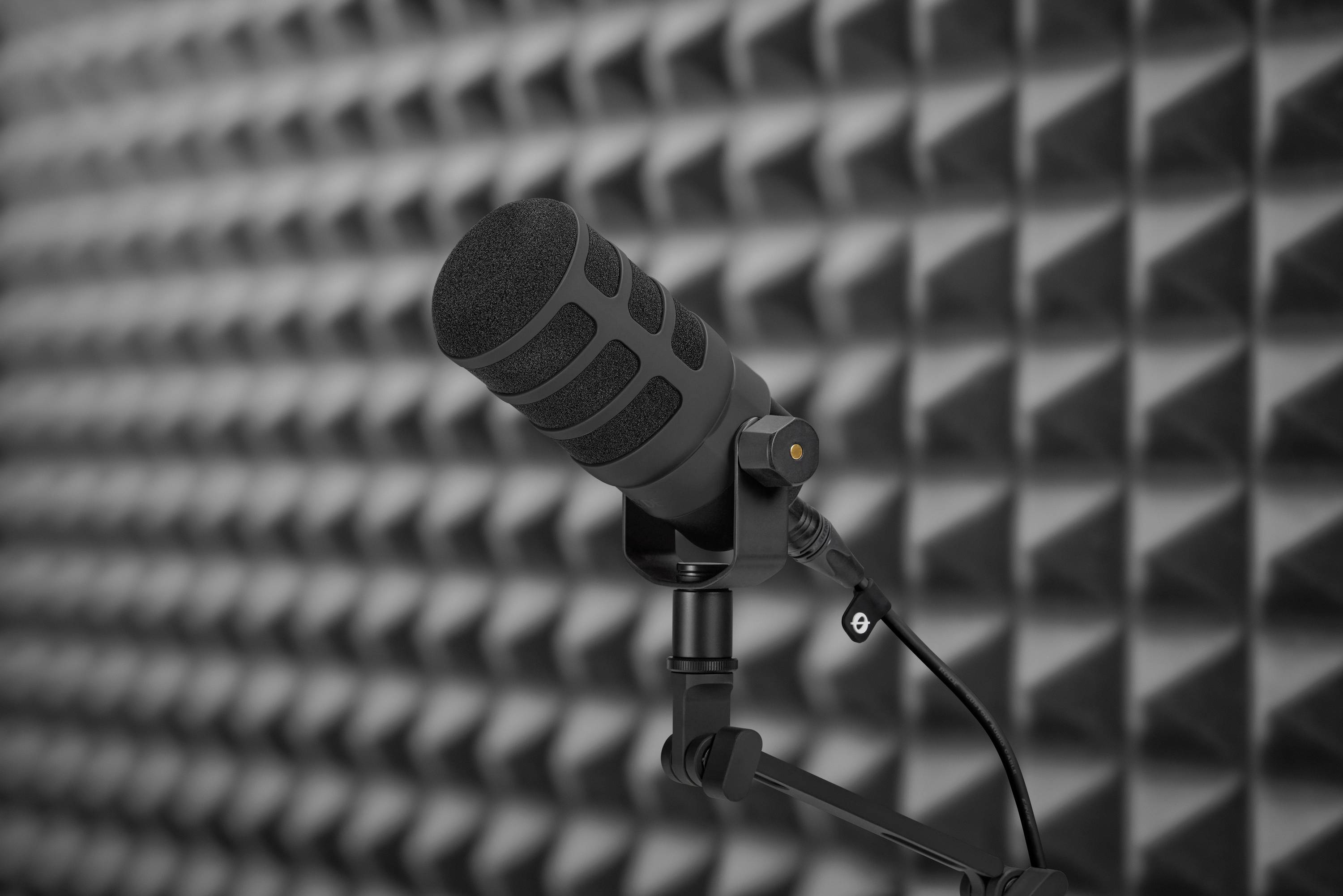 Černý mikrofon na stojanu před zvukově pohltivou stěnou z šedých pyramidových absorpčních panelů.