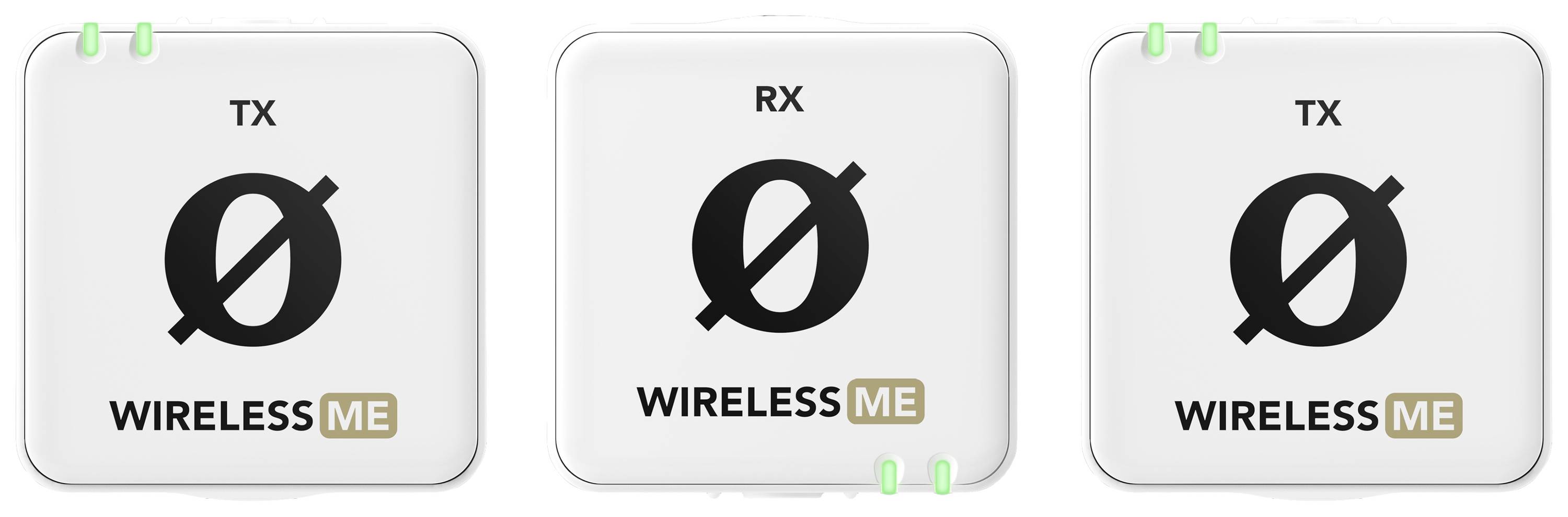 Tři čtvercová zařízení s nápisem 'WIRELESS ME', vybavená anténami a určená pro bezdrátový přenos (TX) a příjem (RX) signálu.
