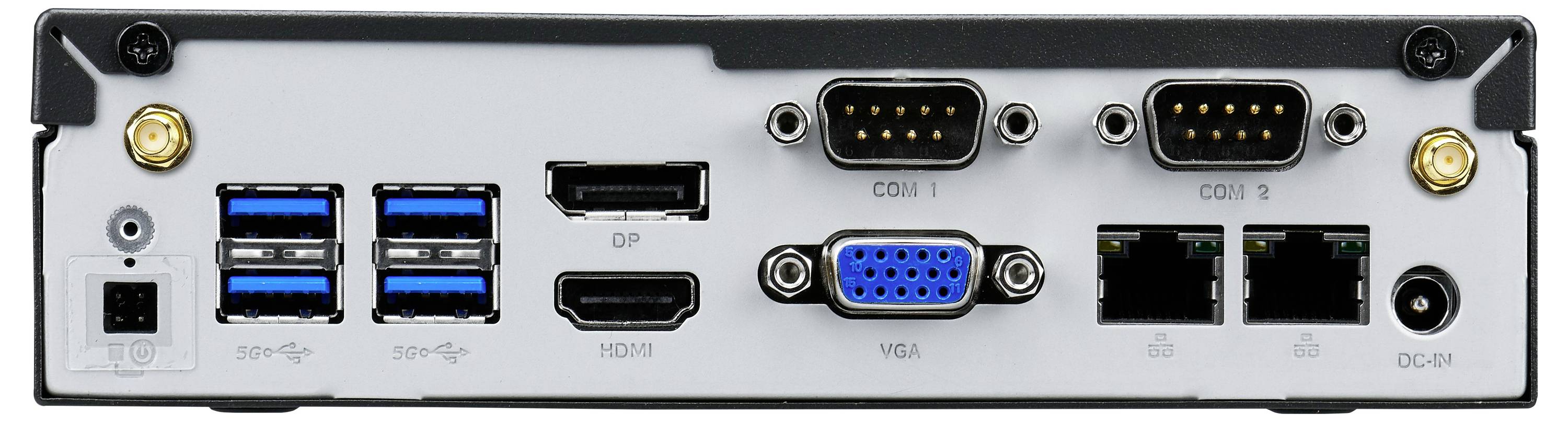 Pohled zezadu na zařízení s různými konektory: čtyři USB porty, DP, HDMI, VGA, dva sériové porty a dva síťové vstupy.