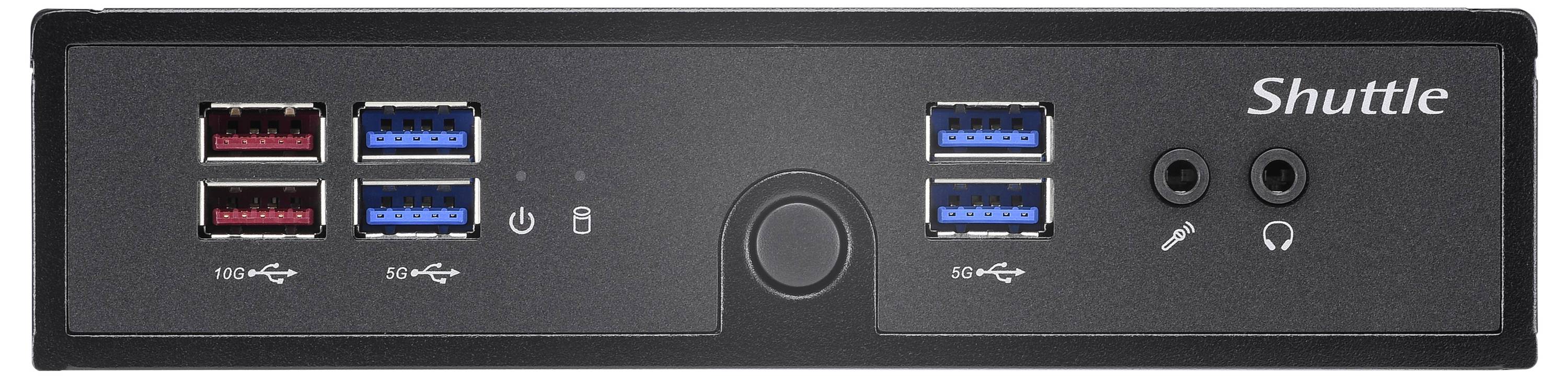 Přední strana počítače shuttle s několika USB porty a audio zdířkami, včetně tlačítka napájení a zamykání.