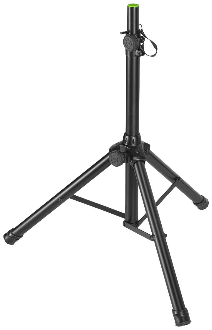 Černý, trojnohý stativ s teleskopickým tubusem a uzamykacími mechanismy.