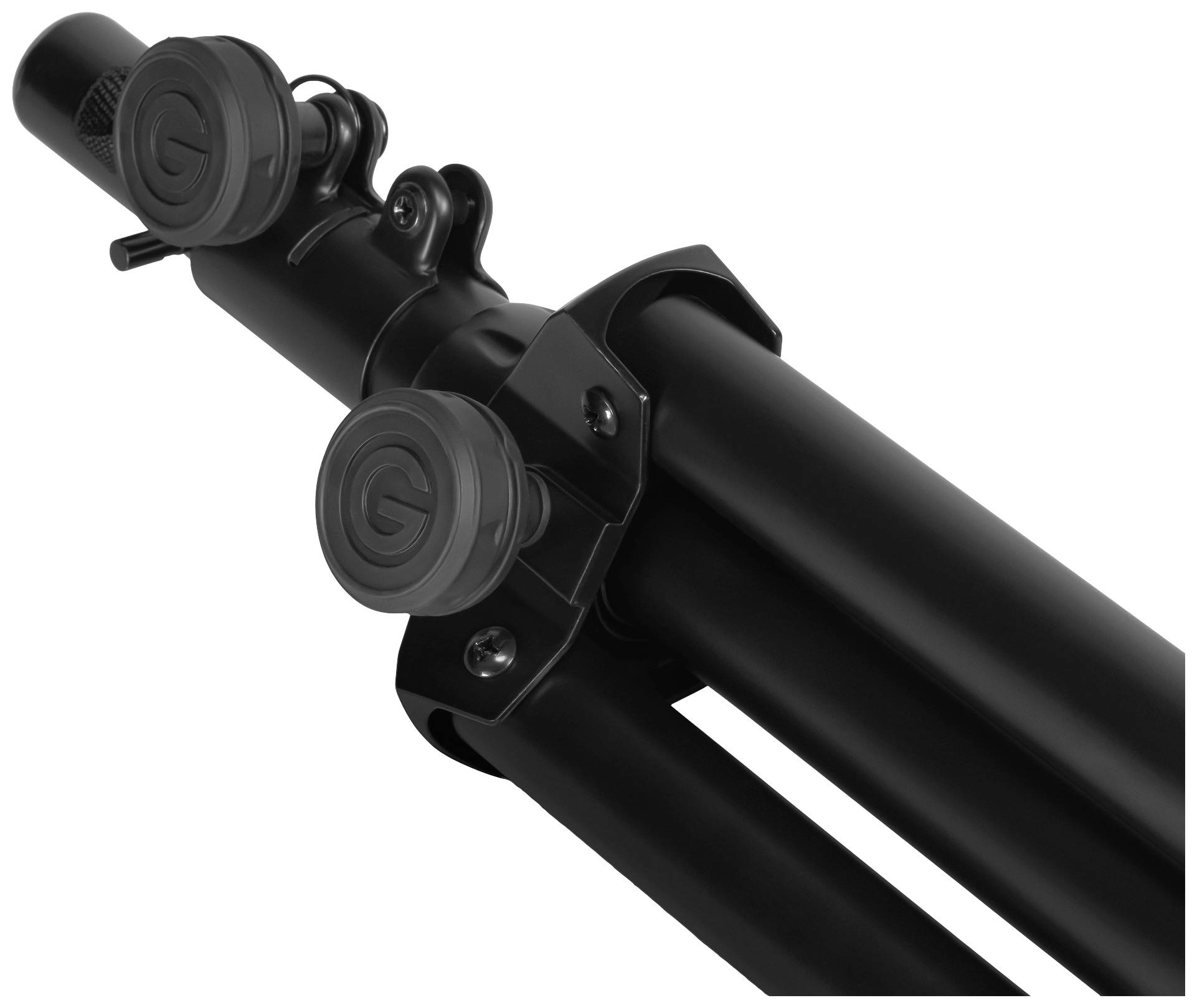 Černá teleskopická noha stativu s aretačními mechanismy. Slouží ke stabilizaci fotoaparátů nebo jiného technického vybavení.