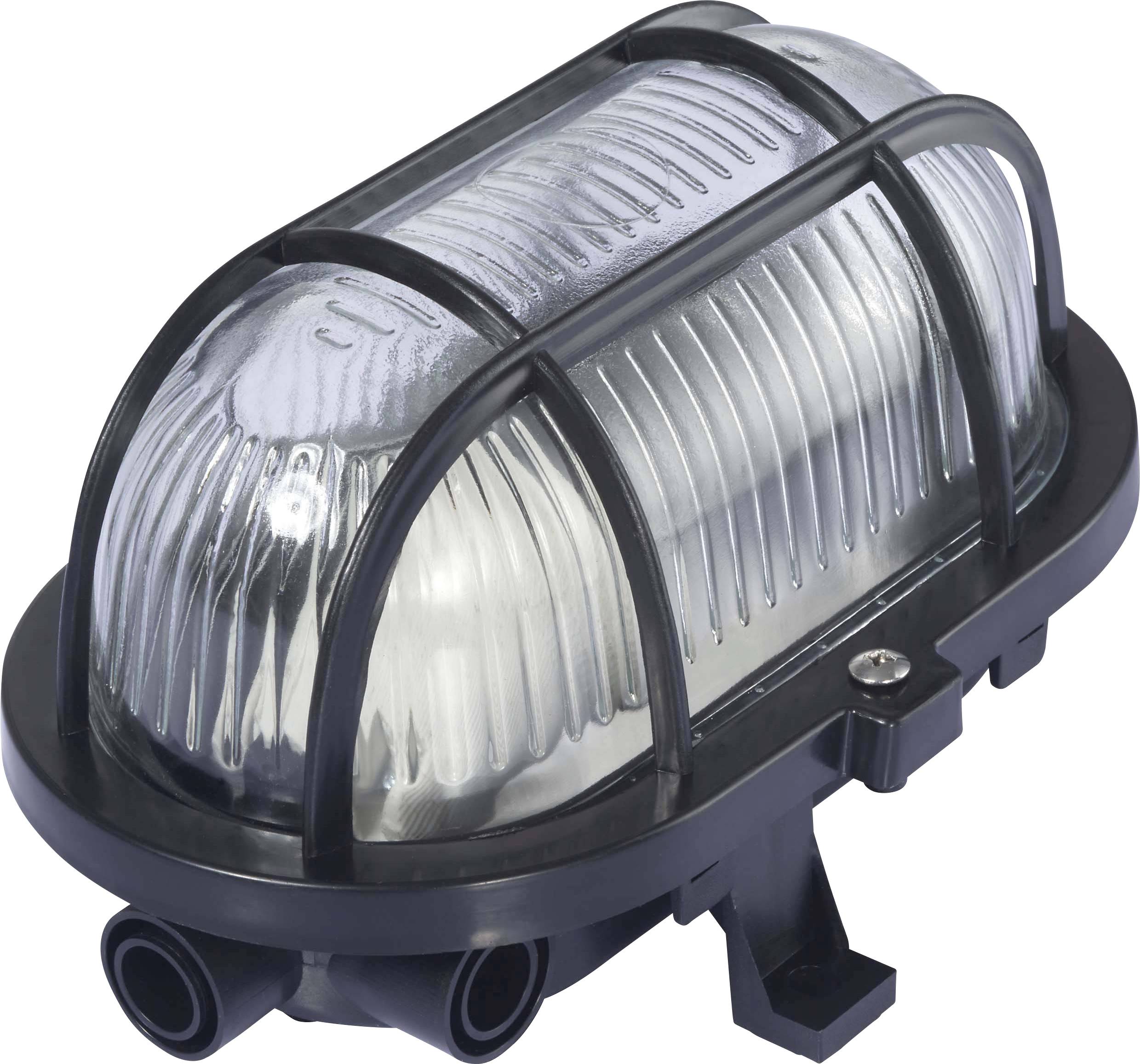Oválná venkovní lampa s ochranným mřížkovým krytem a vroubkovaným skleněným stínidlem, vhodná pro odolné osvětlení ve venkovních prostorách.