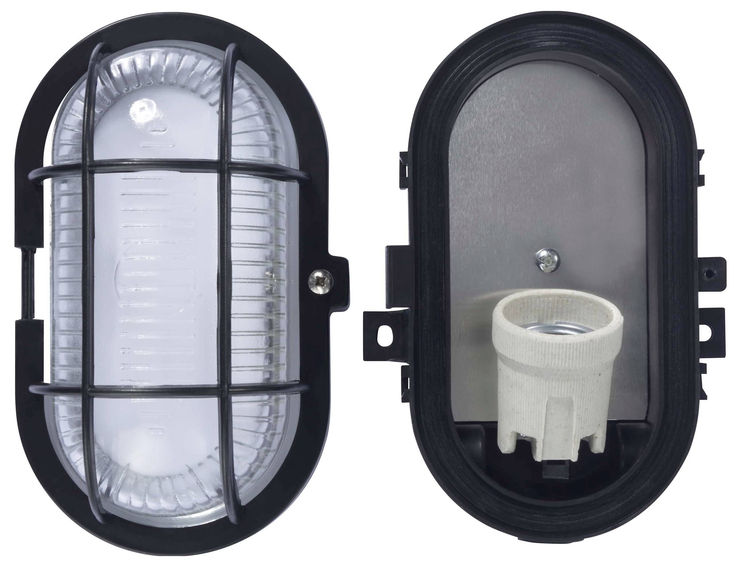 Oválná nástěnná lampa, vlevo uzavřená mřížkou, vpravo otevřená s viditelnou objímkou, černobílý kryt.