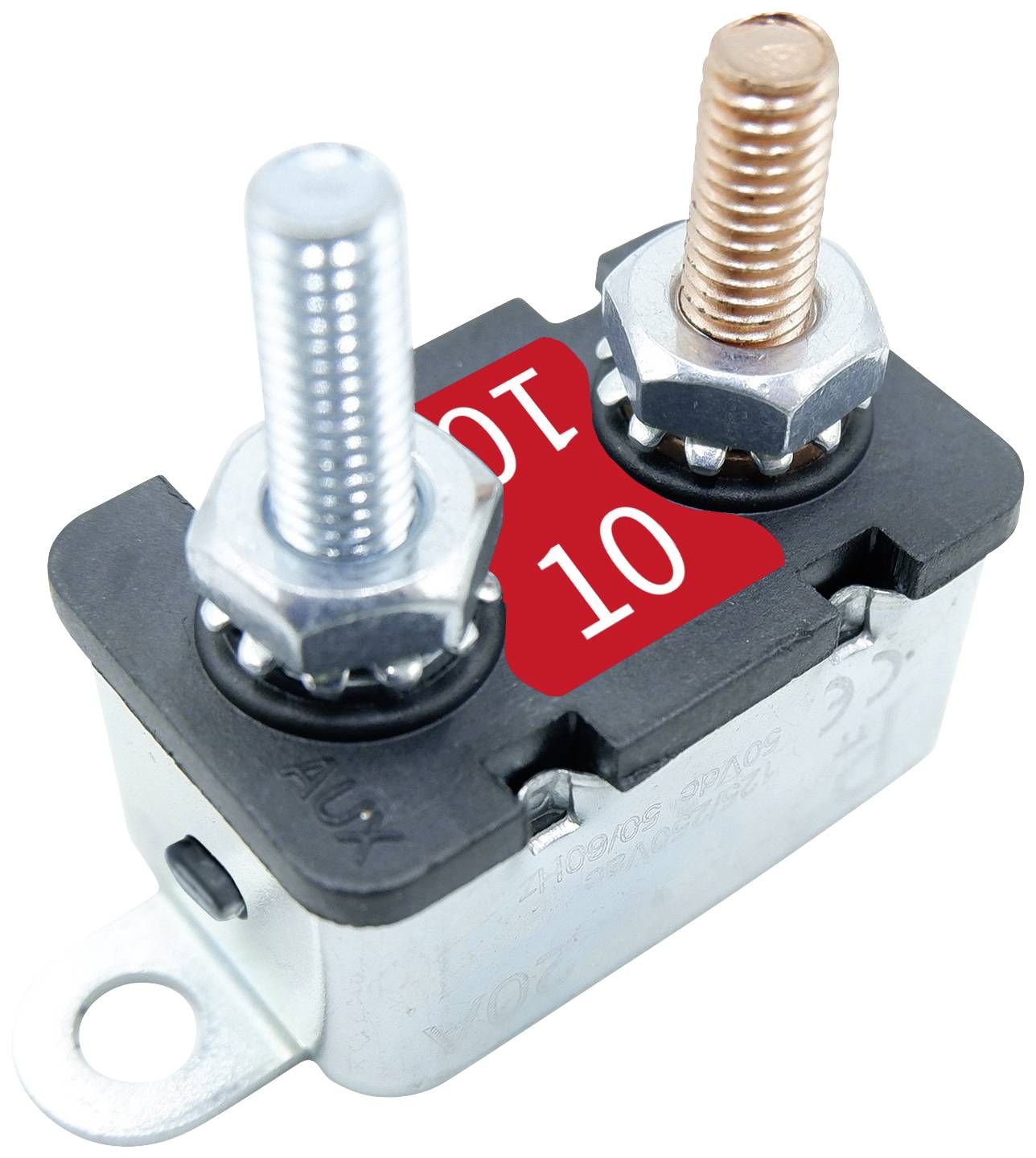 Elektrický jistič se dvěma šroubovými svorkami, jedna měděná a jedna ocelová. Potisk: 10V.