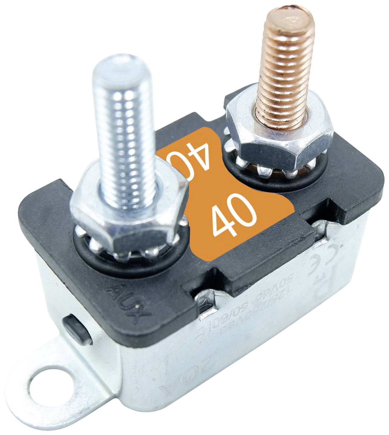 Elektrický držák vysokoproudé pojistky se dvěma šroubovými svorkami, jedna měděná, jedna hliníková, a pojistkou s nápisem '40'.
