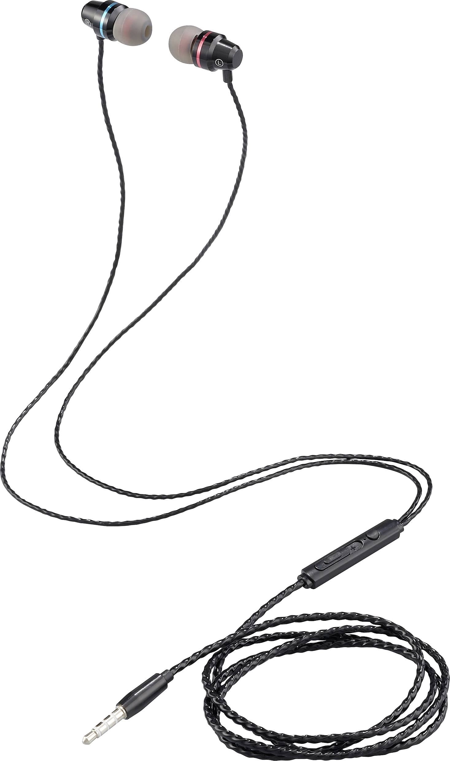 Černá kabelová sluchátka do uší s 3,5mm audio konektorem a integrovaným mikrofonem.
