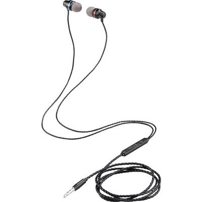 Černá kabelová sluchátka do uší s 3,5mm audio konektorem a integrovaným mikrofonem.
