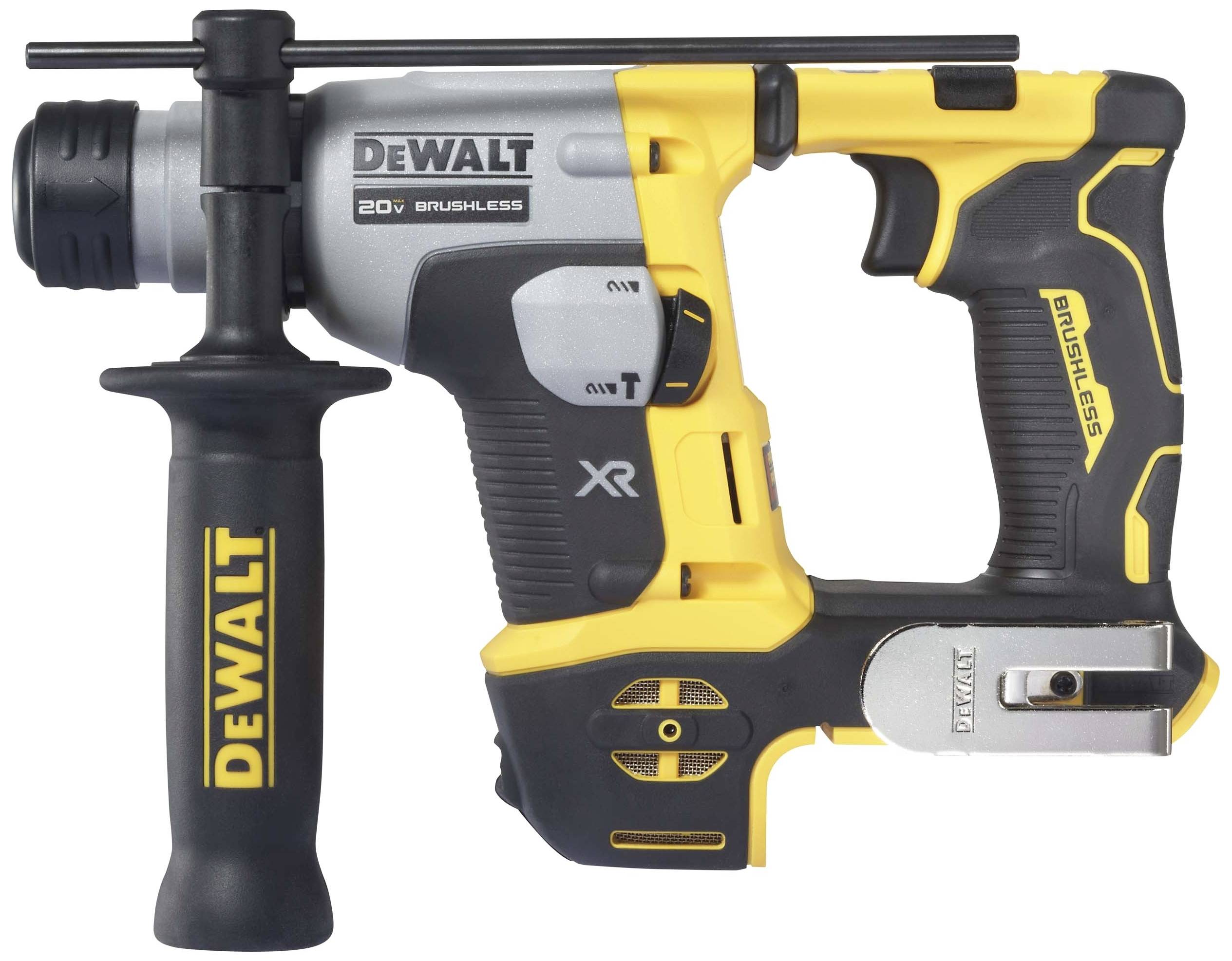 Akumulátorové kladivo DEWALT 20V XR Brushless v žluté a černé barvě s přídavnou rukojetí pro stabilní úchop.