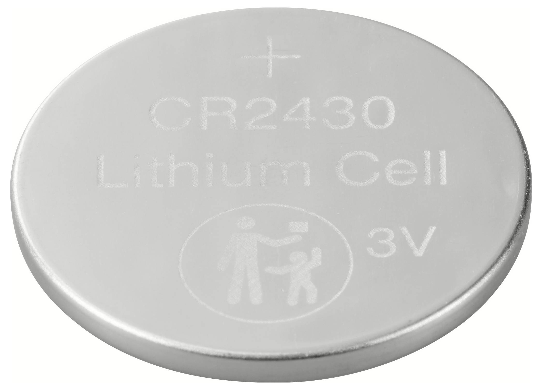 Stříbrná knoflíková lithiová baterie s nápisem 'CR2430 Lithiový článek 3V'. Vhodná pro elektronická zařízení.