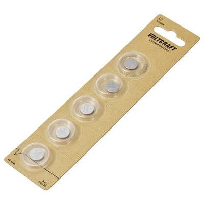Blistr s pěti knoflíkovými lithiovými bateriemi značky Voltcraft, model CR2032, na hnědém kartonu.