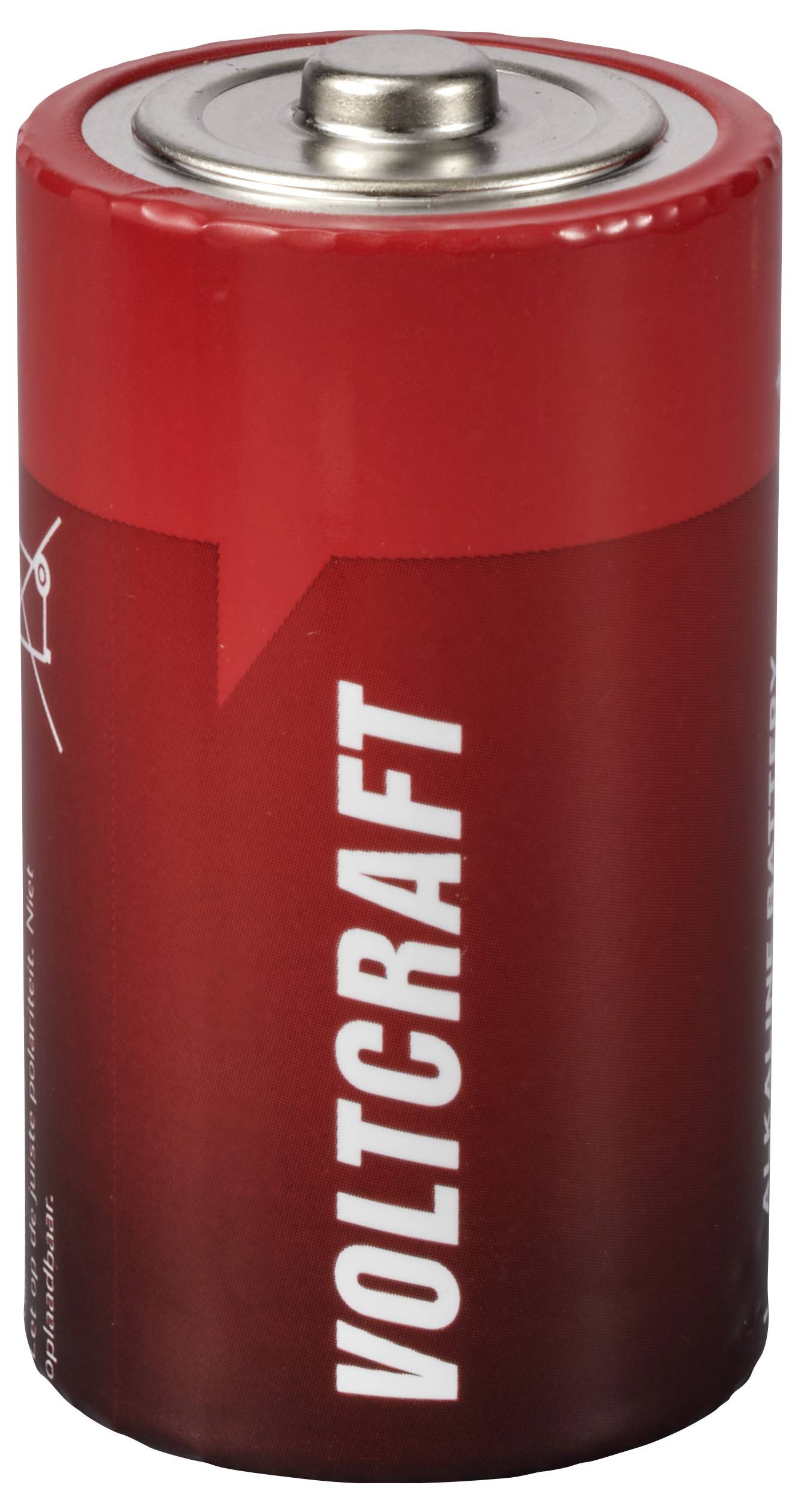 Červená válcová baterie značky Voltcraft.