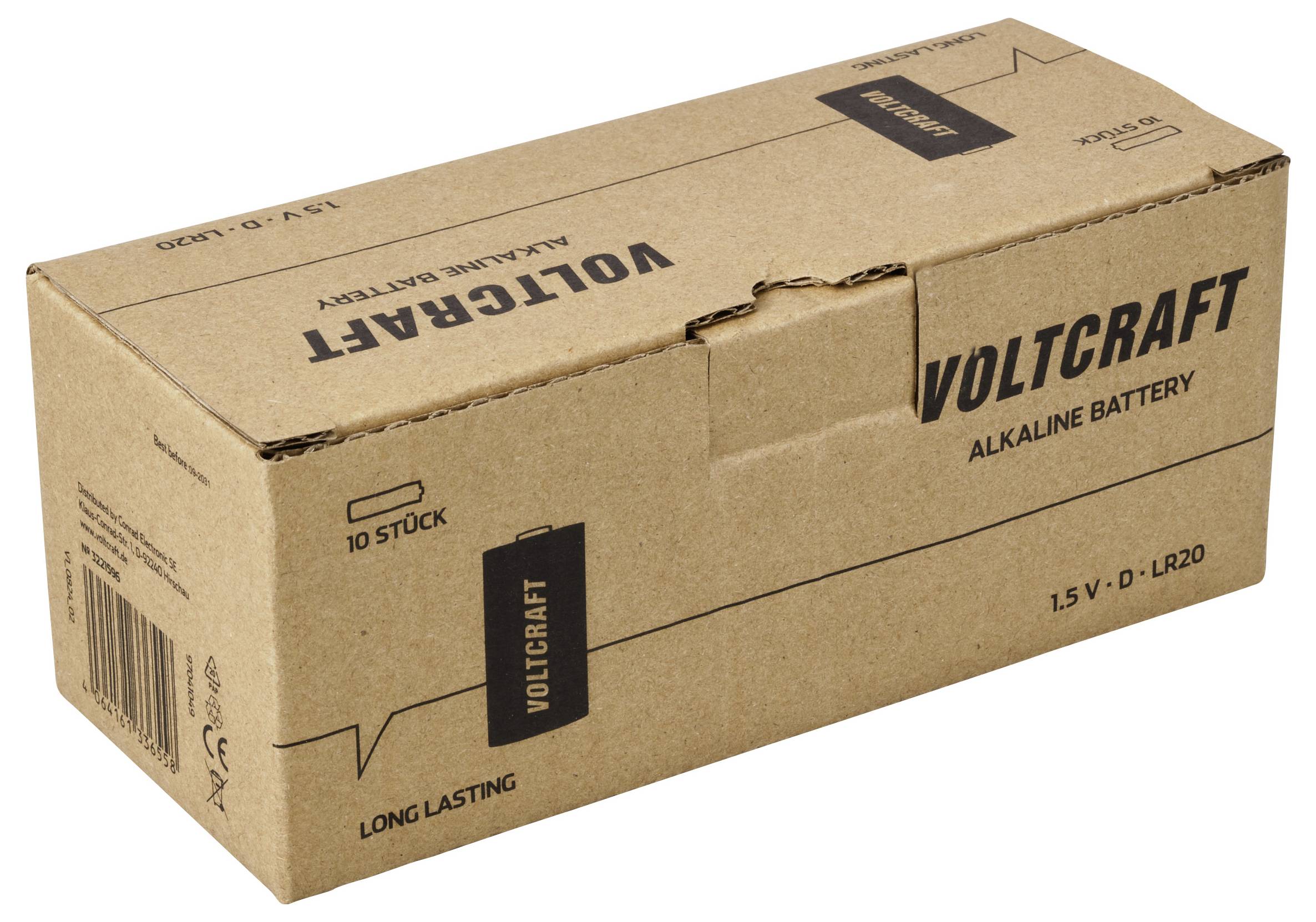 Hnědá krabice s nápisem 'VOLTCRAFT Alkalické baterie'. Obsahuje 10 kusů, 1,5 V, D-LR20 baterií.