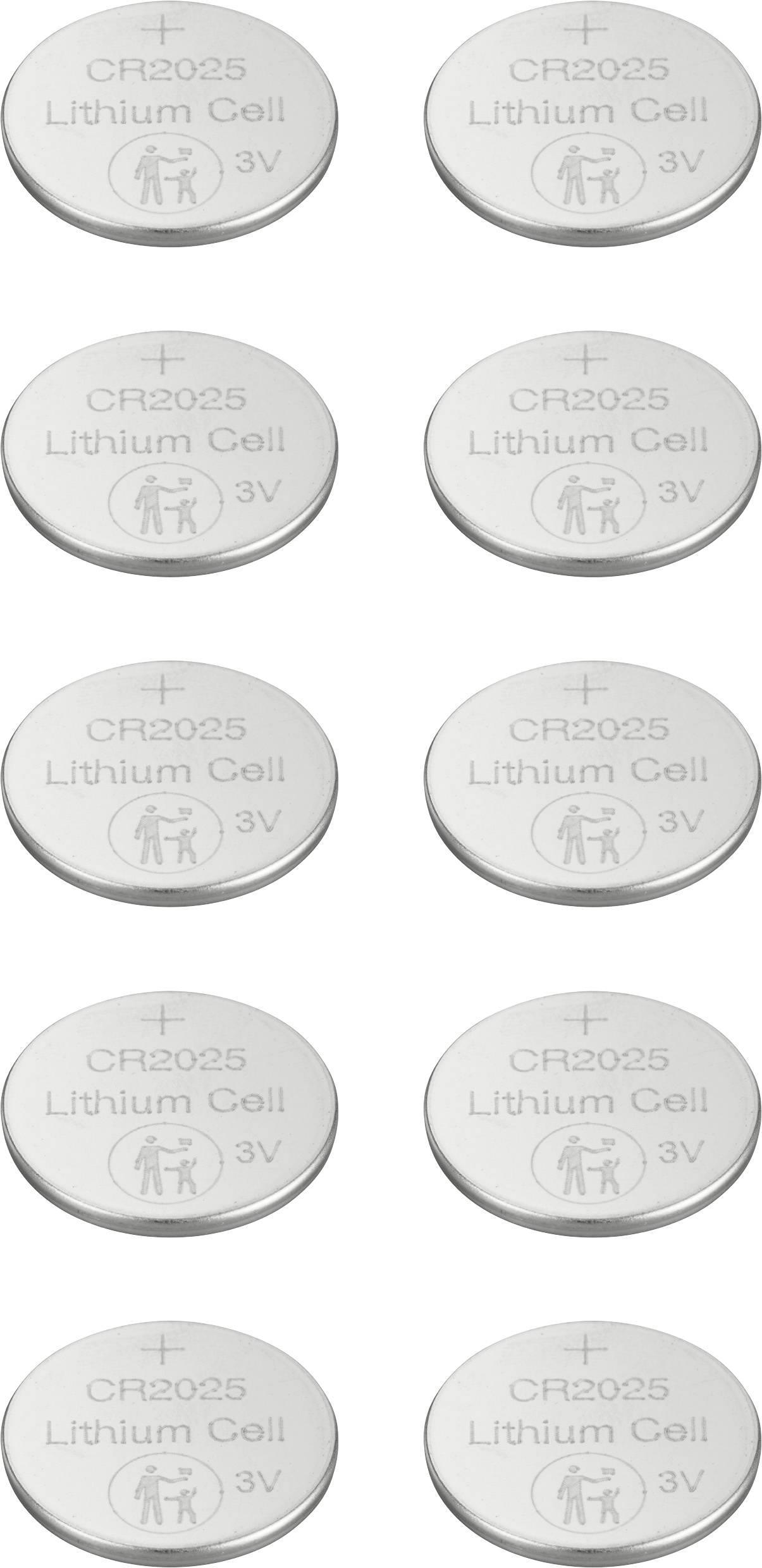 Deset plochých stříbrných knoflíkových baterií s nápisem 'CR2025 Lithium Cell 3V', uspořádaných ve dvou sloupcích.