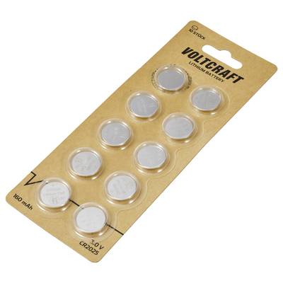 Balení deseti stříbrných knoflíkových lithiových baterií Voltcraft, s nápisem 'Lithiová baterie CR2025 3V 160 mAh'.