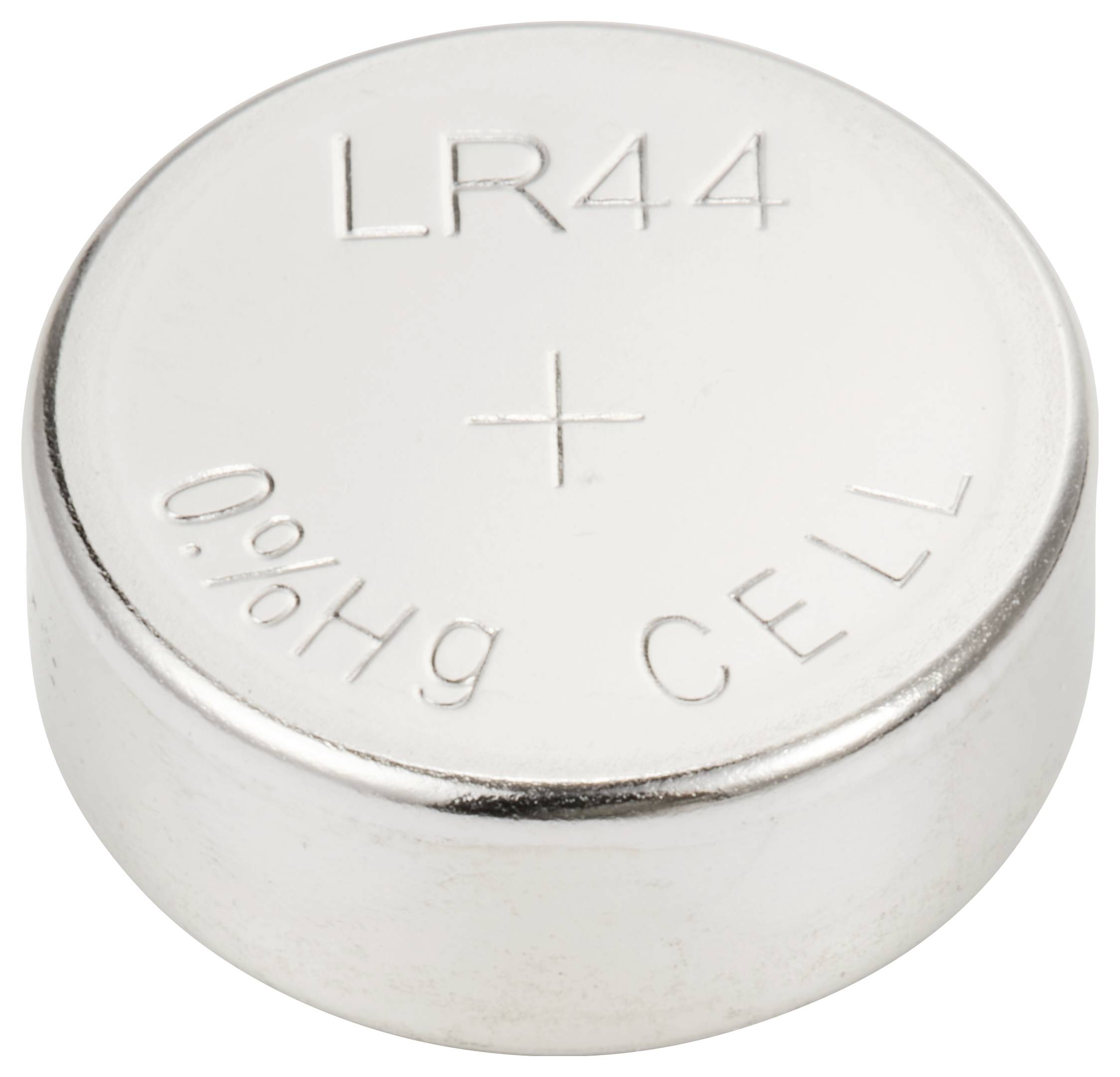 Stříbrná knoflíková baterie LR44 s gravírováním '0%Hg CELL' a symbolem '+'