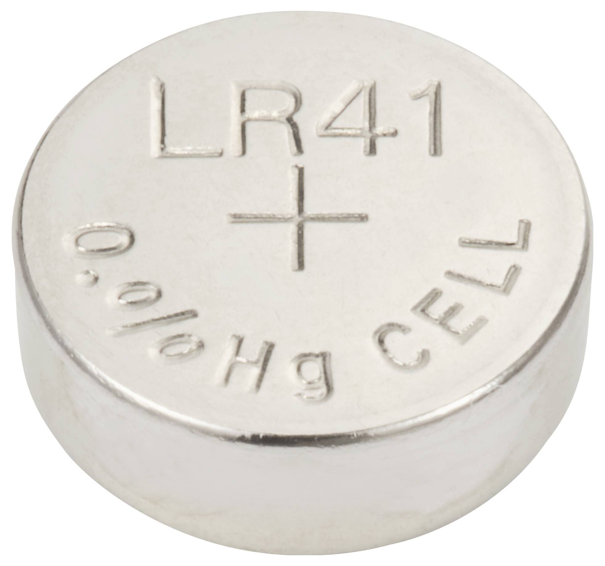 Knoflíková baterie LR41 s nápisem '0% Hg CELL' ukazuje, že neobsahuje rtuť.